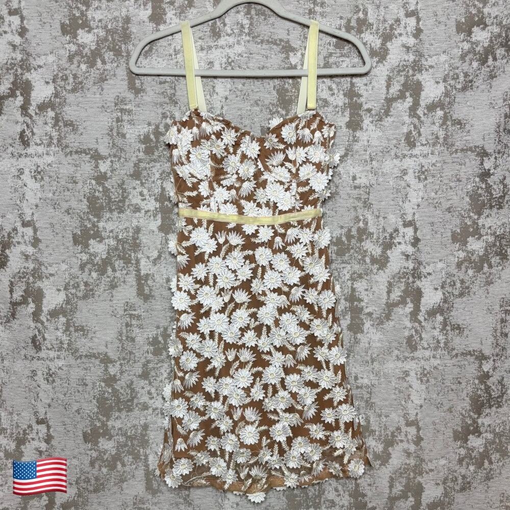 For Love & Lemons Beatrice Daisy Applique Mini Dress in White/Tan